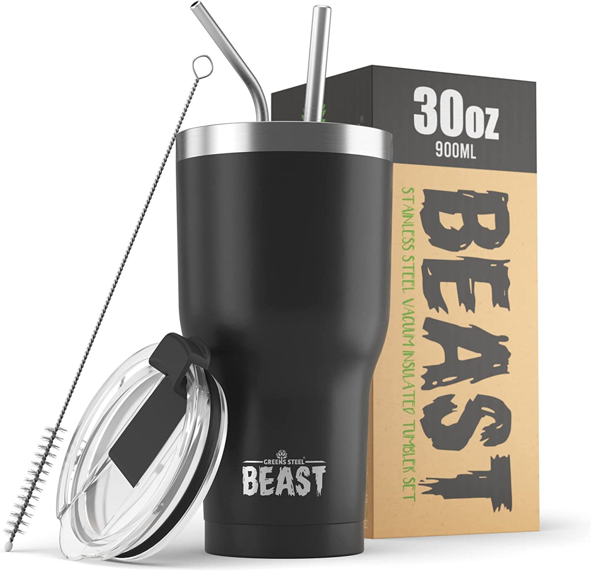 Greens Steel Beast 30oz tumbler front view in matte black for all-day hydration.