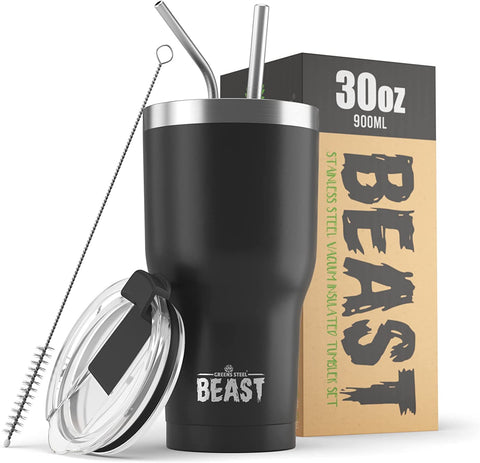 Greens Steel Beast 30oz tumbler front view in matte black for all-day hydration.
