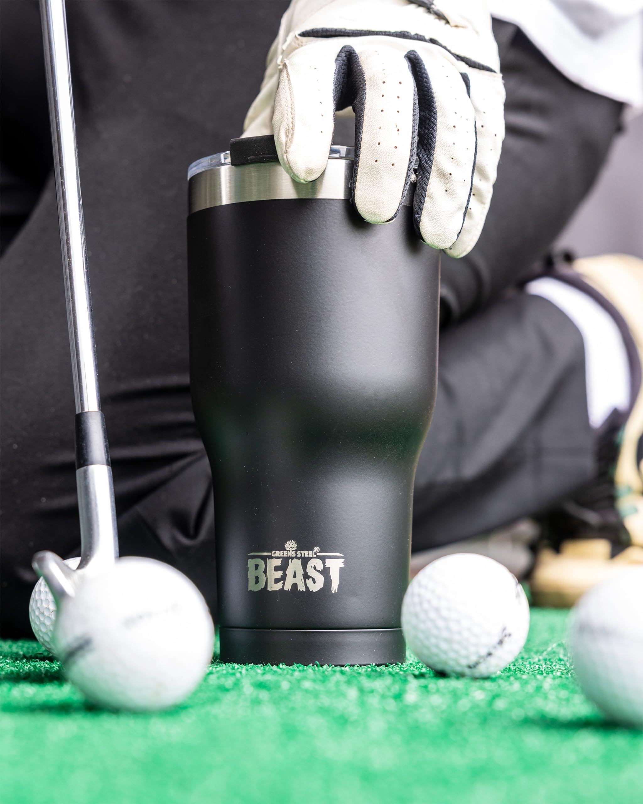Greens Steel Beast 30oz tumbler lid open highlights easy cleaning and spill prevention.