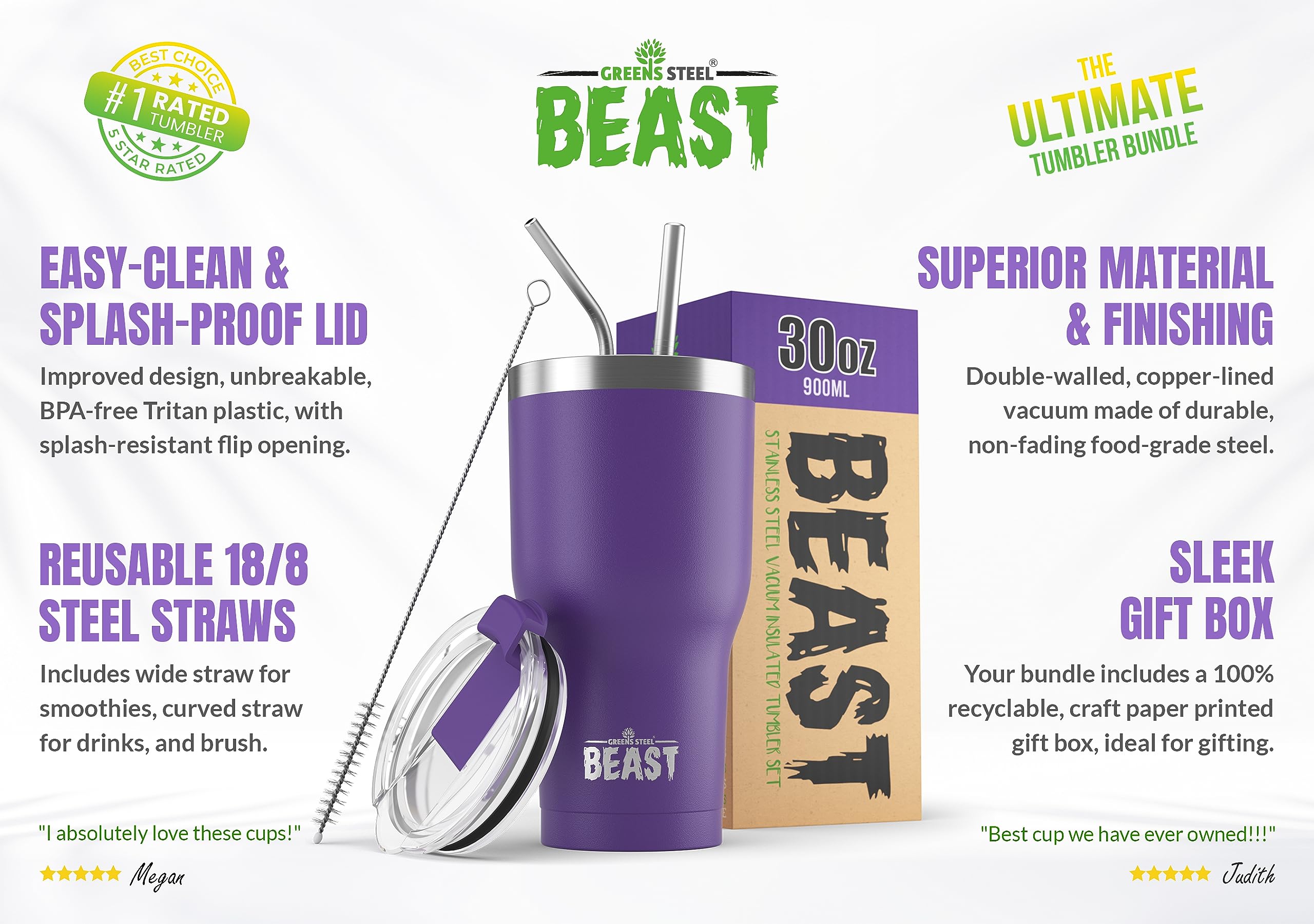 Greens Steel Beast 30 oz purple, lid closed, splash-proof design for travel.