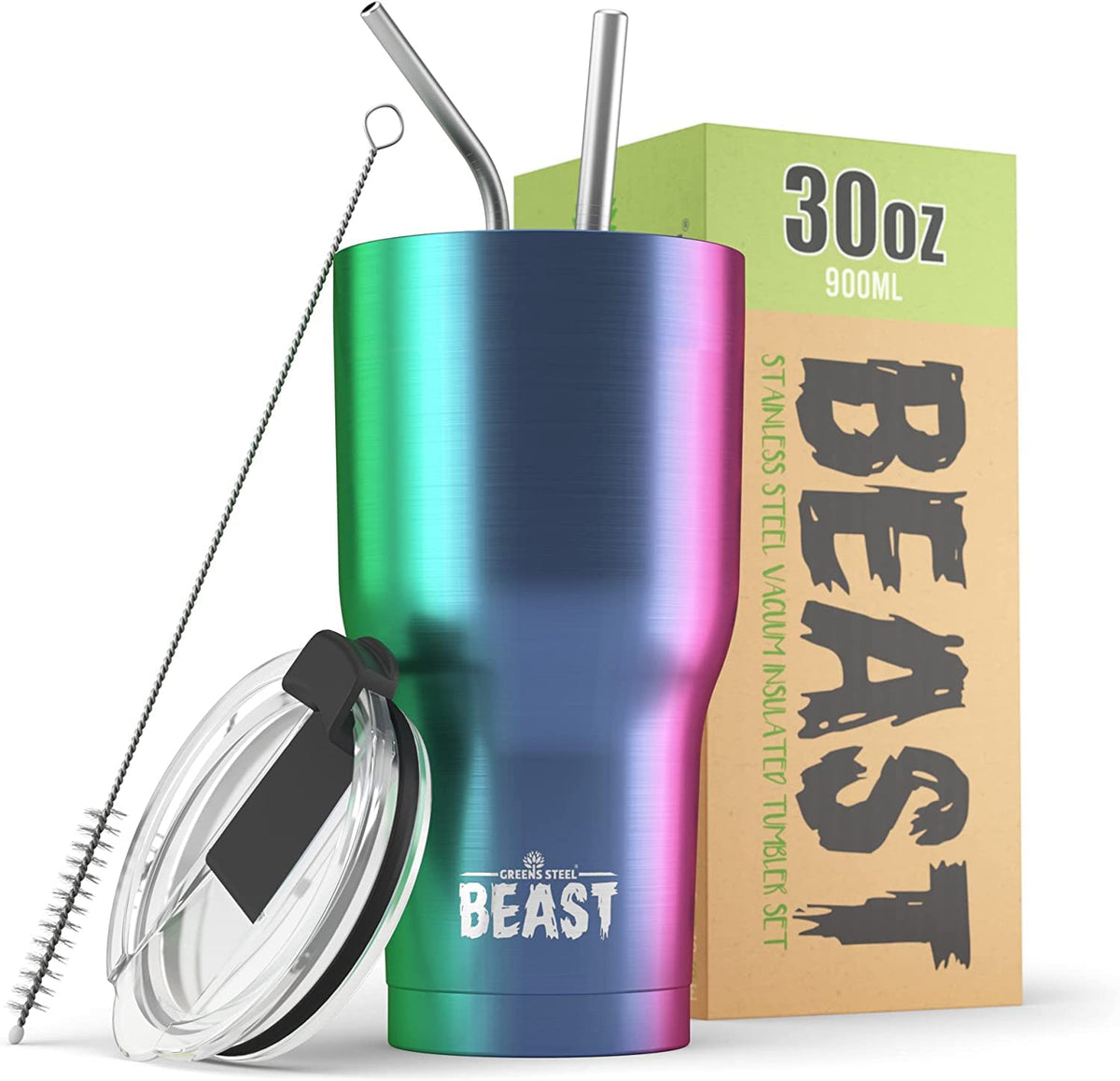 Greens Steel Beast 30 oz tumbler rainbow finish keeps beverages at temperature