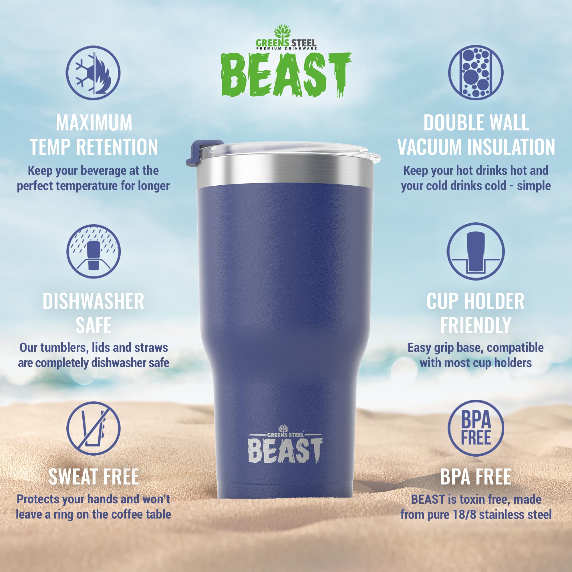 Greens Steel Beast 30oz Tumbler splash-proof lid prevents spills.