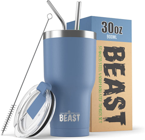 Greens Steel Beast 30oz tumbler stormy sky blue finish keeps drinks cold.