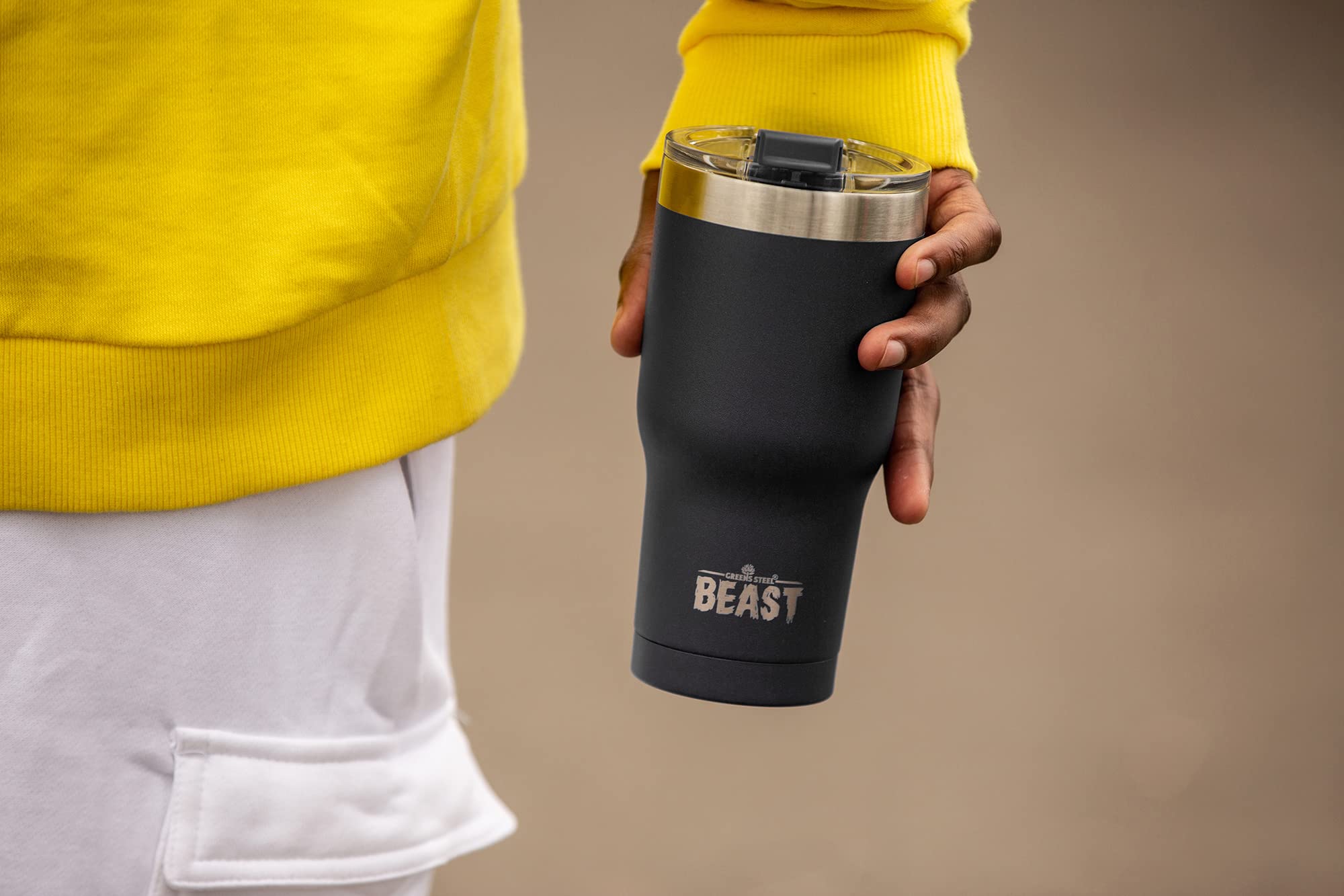 Greens Steel Beast 30oz travel-ready tumbler for hot or cold drinks.