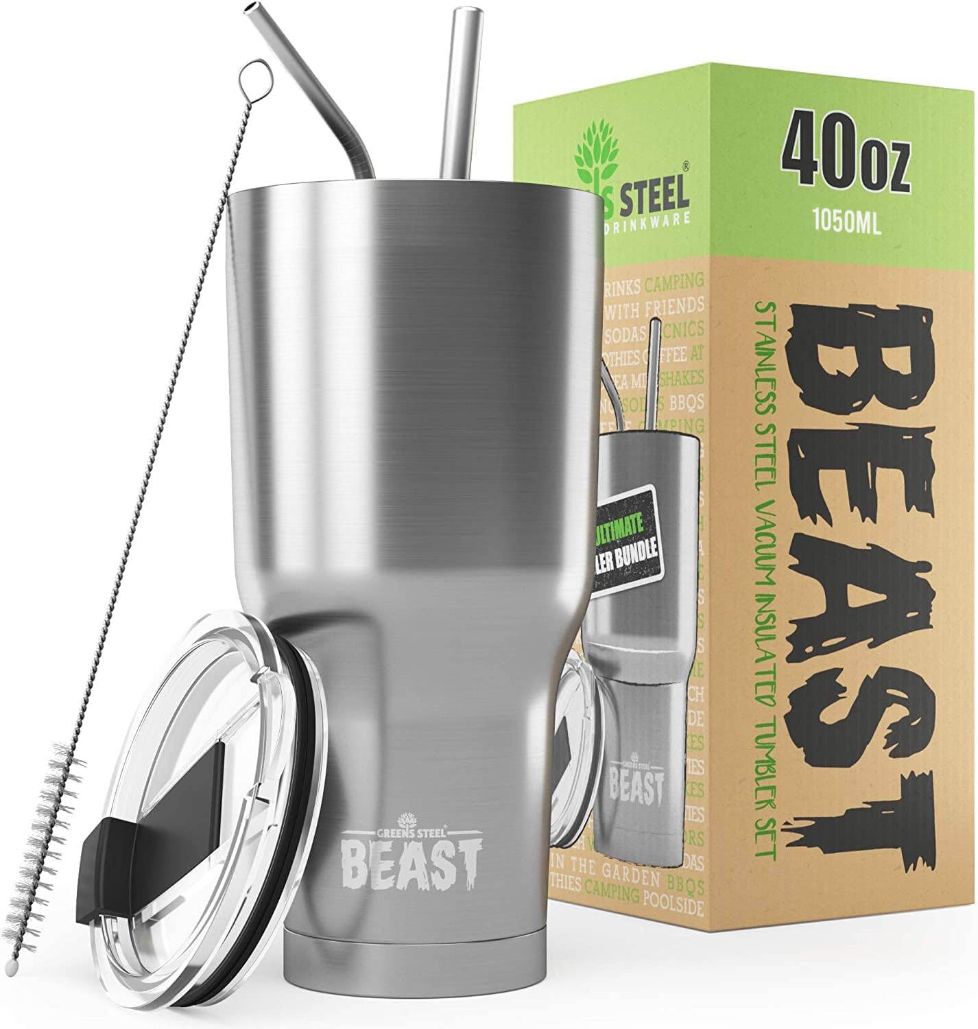 Greens Steel Beast 40oz tumbler cap with splash-proof lid for on-the-go use.