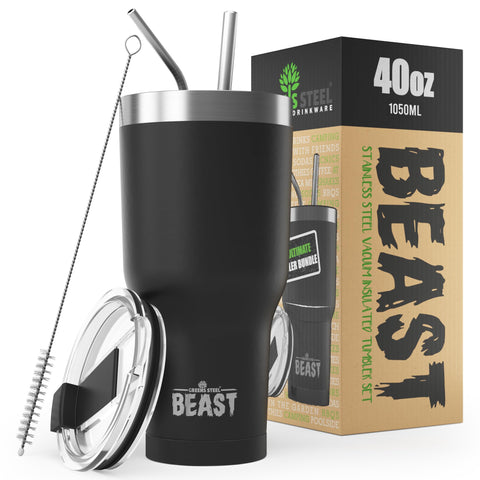 Greens Steel Beast 40 oz tumbler with matte black finish shows a premium temperature-controlled design