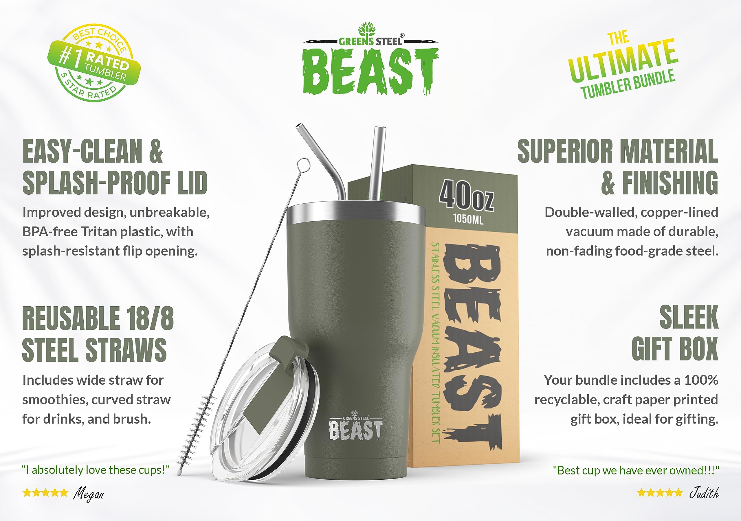 Greens Steel Beast 40oz tumbler side view with handle for easy grip on the go