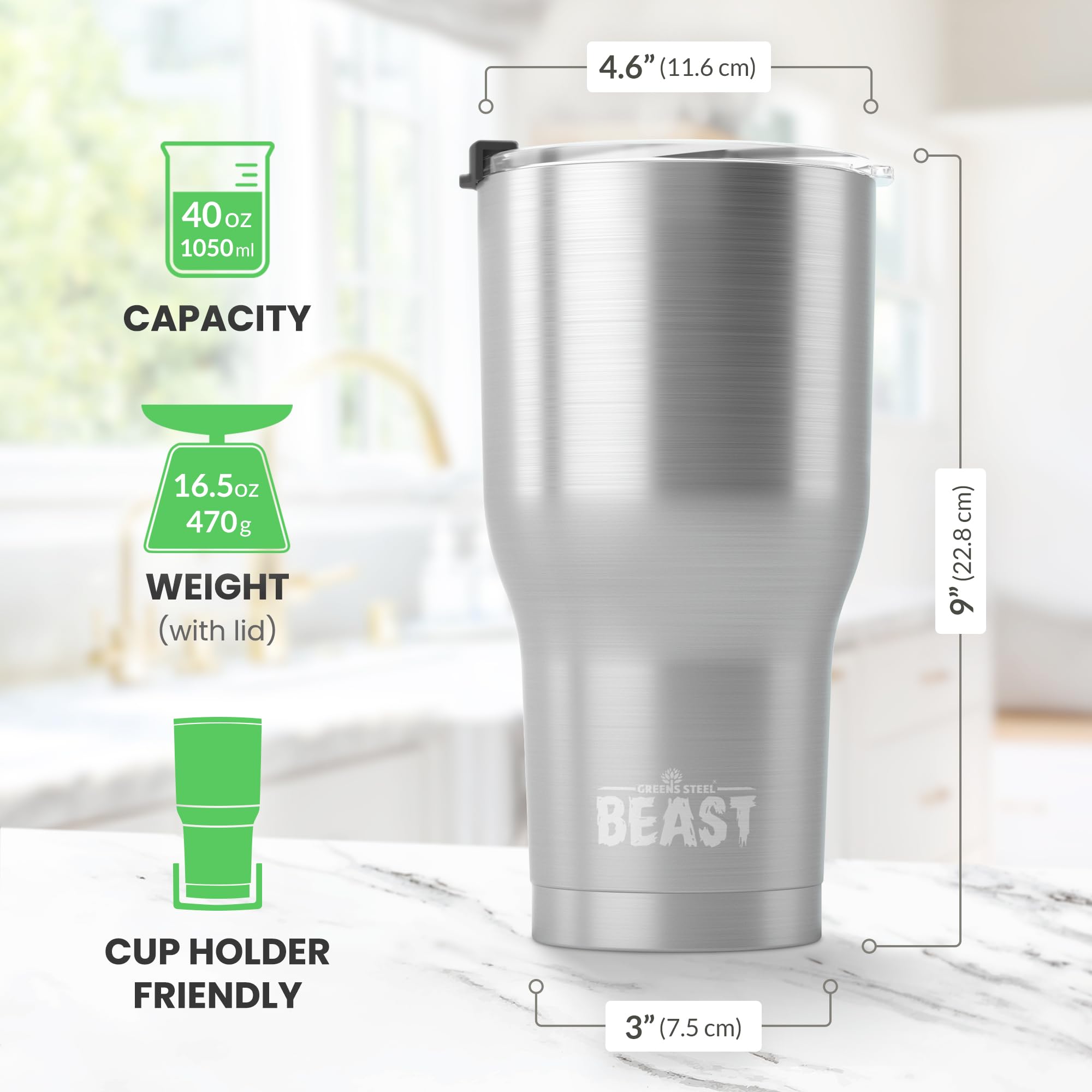 Greens Steel Beast 40oz tumbler straight straw included for shakes and smoothies.