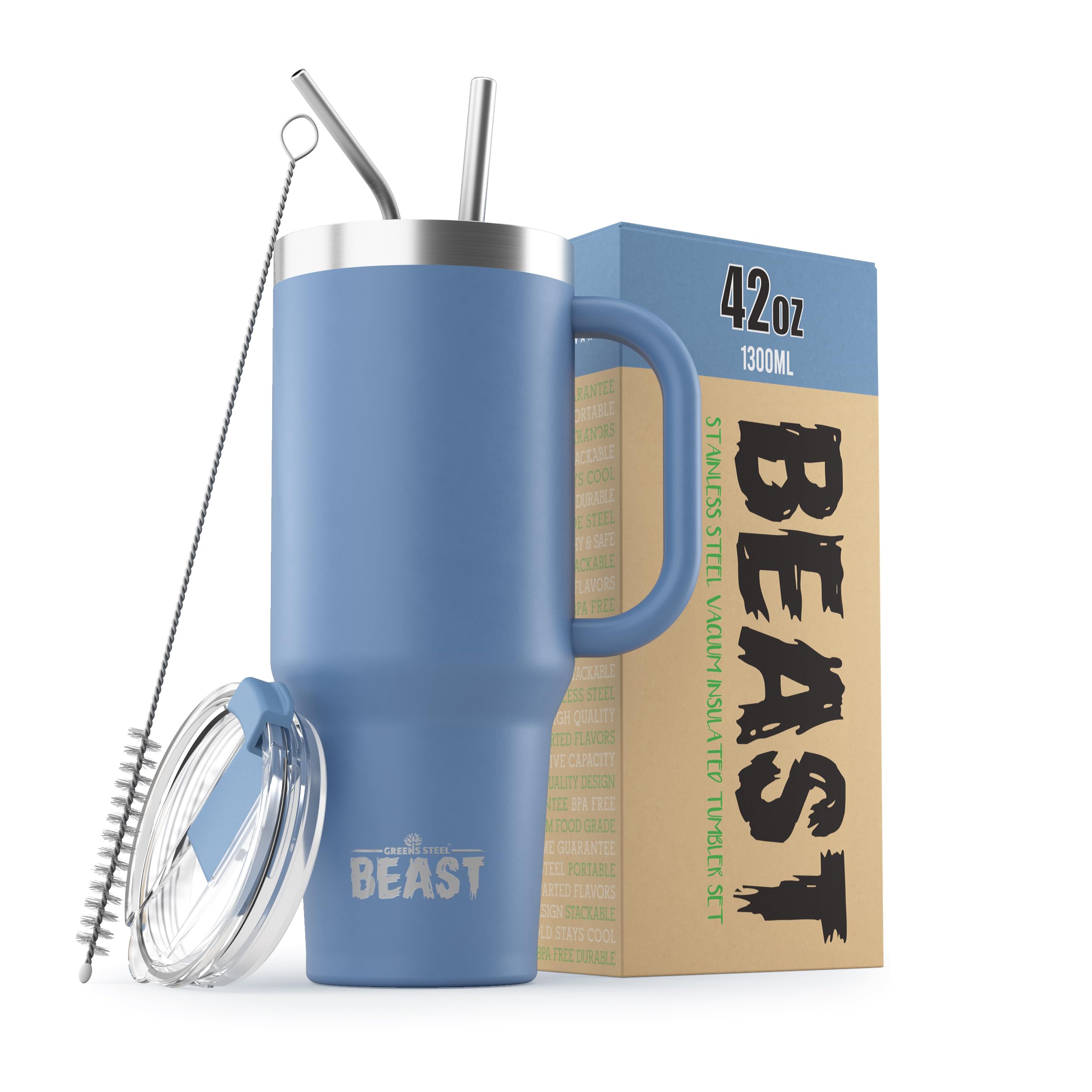 Greens Steel Beast 42oz tumbler in Stormy Sky Blue keeps beverages cold for hours
