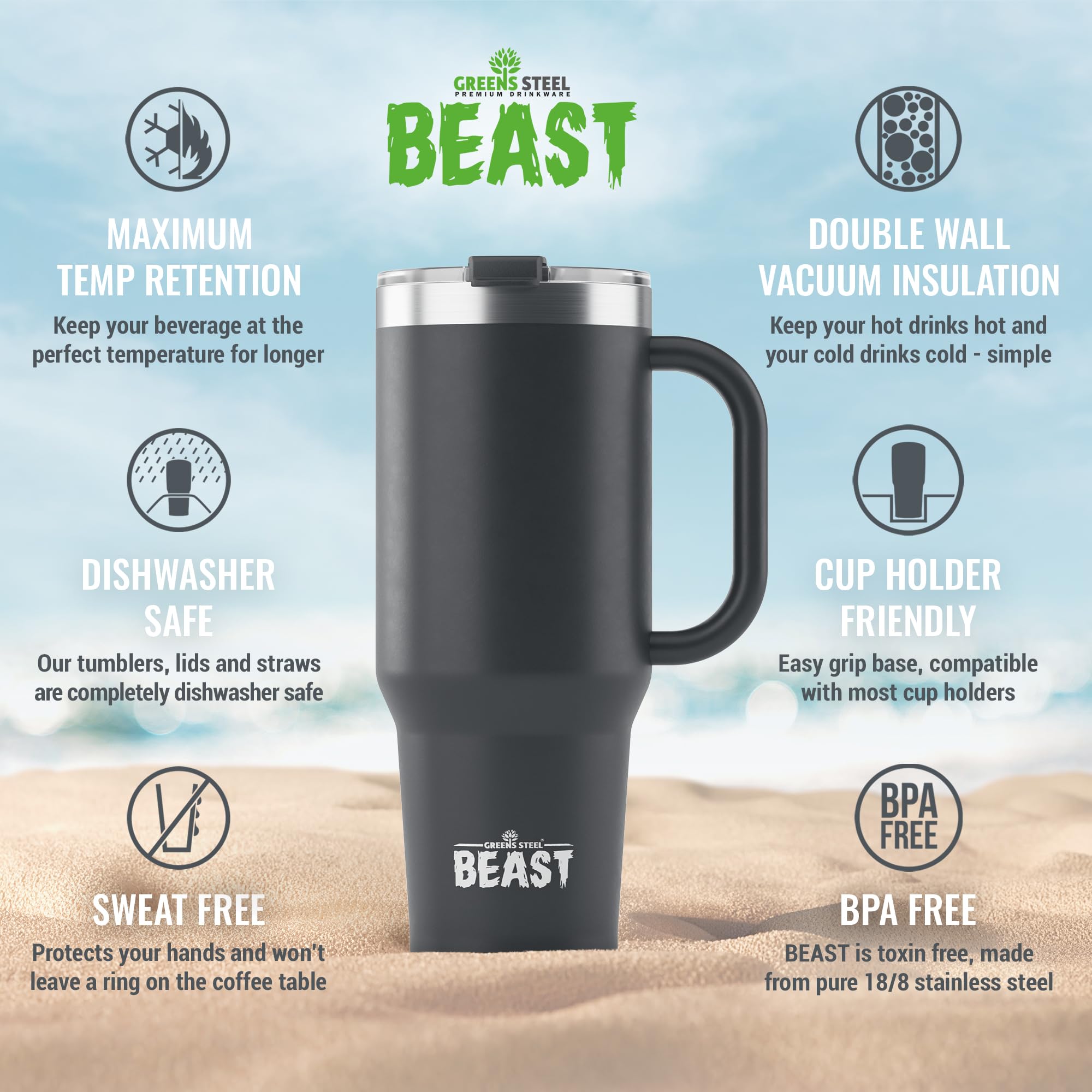 Greens Steel Beast 50oz tumbler bundle contents include straws and brush.