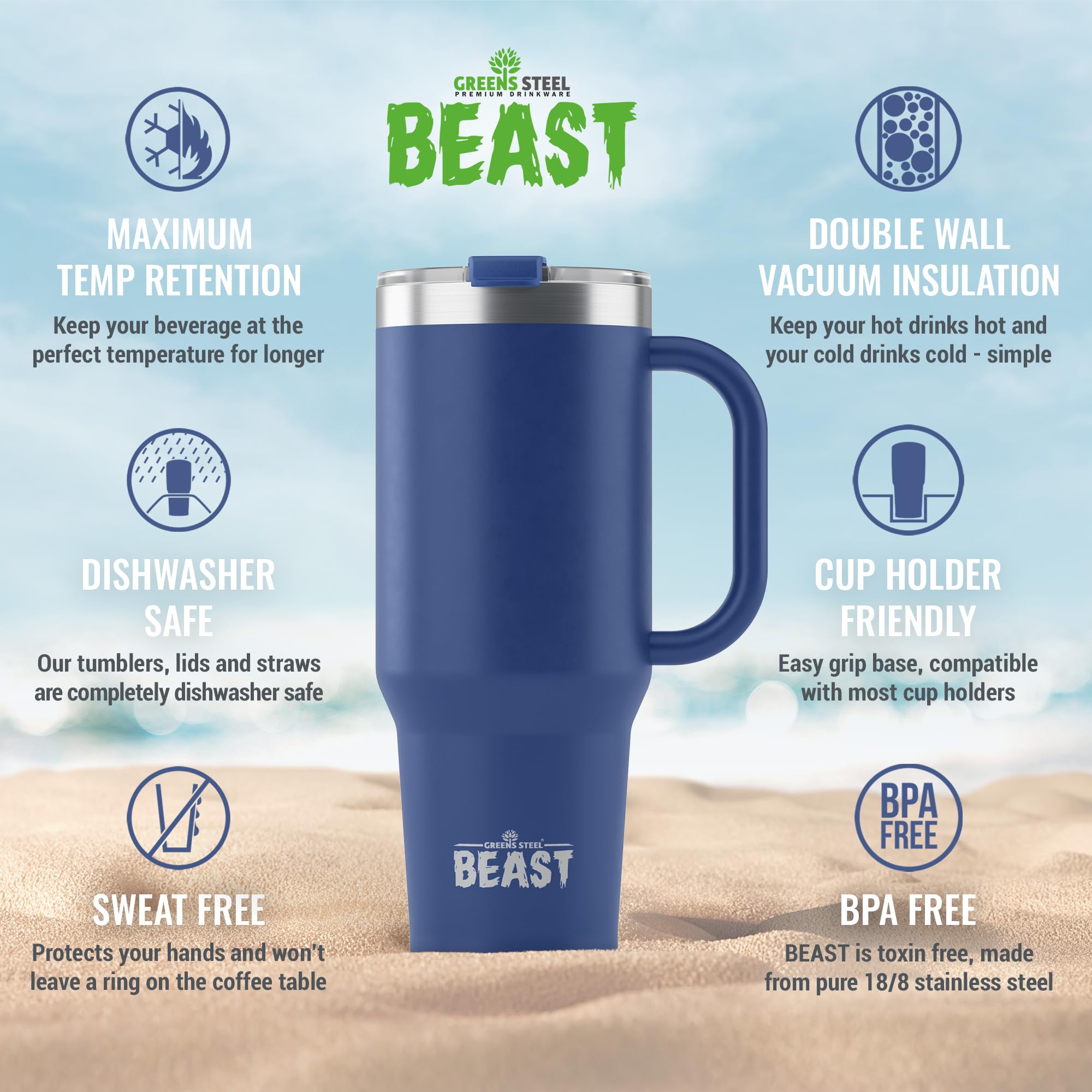 Greens Steel Beast exterior with royal blue powder coating for lasting color.