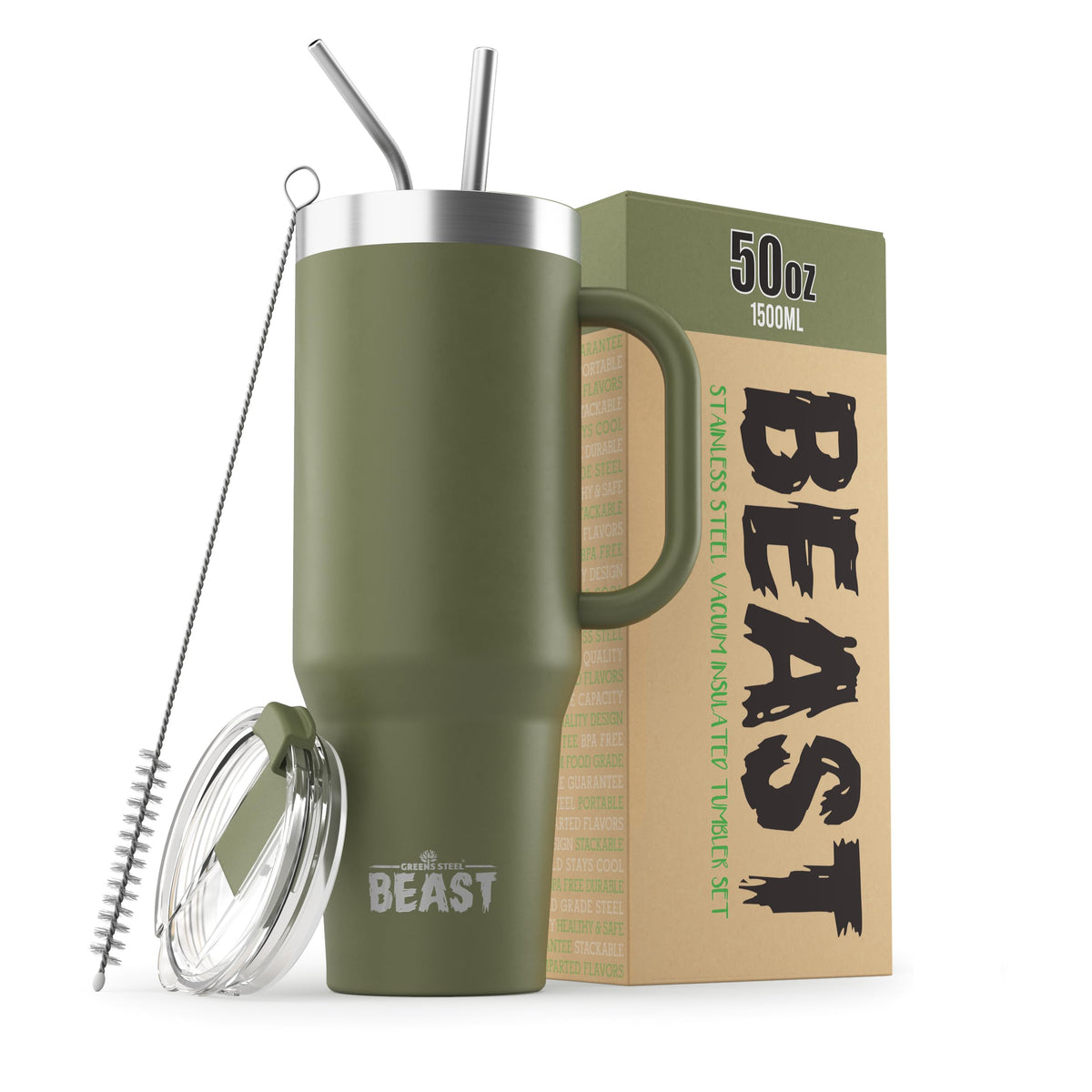 Greens Steel Beast 50 oz tumbler with handle for on the go hydration