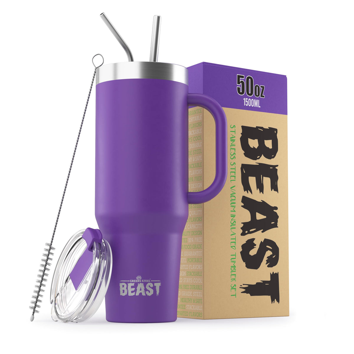 Greens Steel Beast 50oz tumbler handle offers secure grip for travel.
