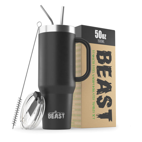 Greens Steel Beast 50oz tumbler with handle for easy carrying during outdoor adventures.