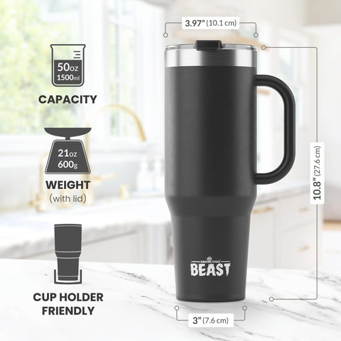 Greens Steel Beast 50oz tumbler leak-proof lid keeps drinks secure on the move.