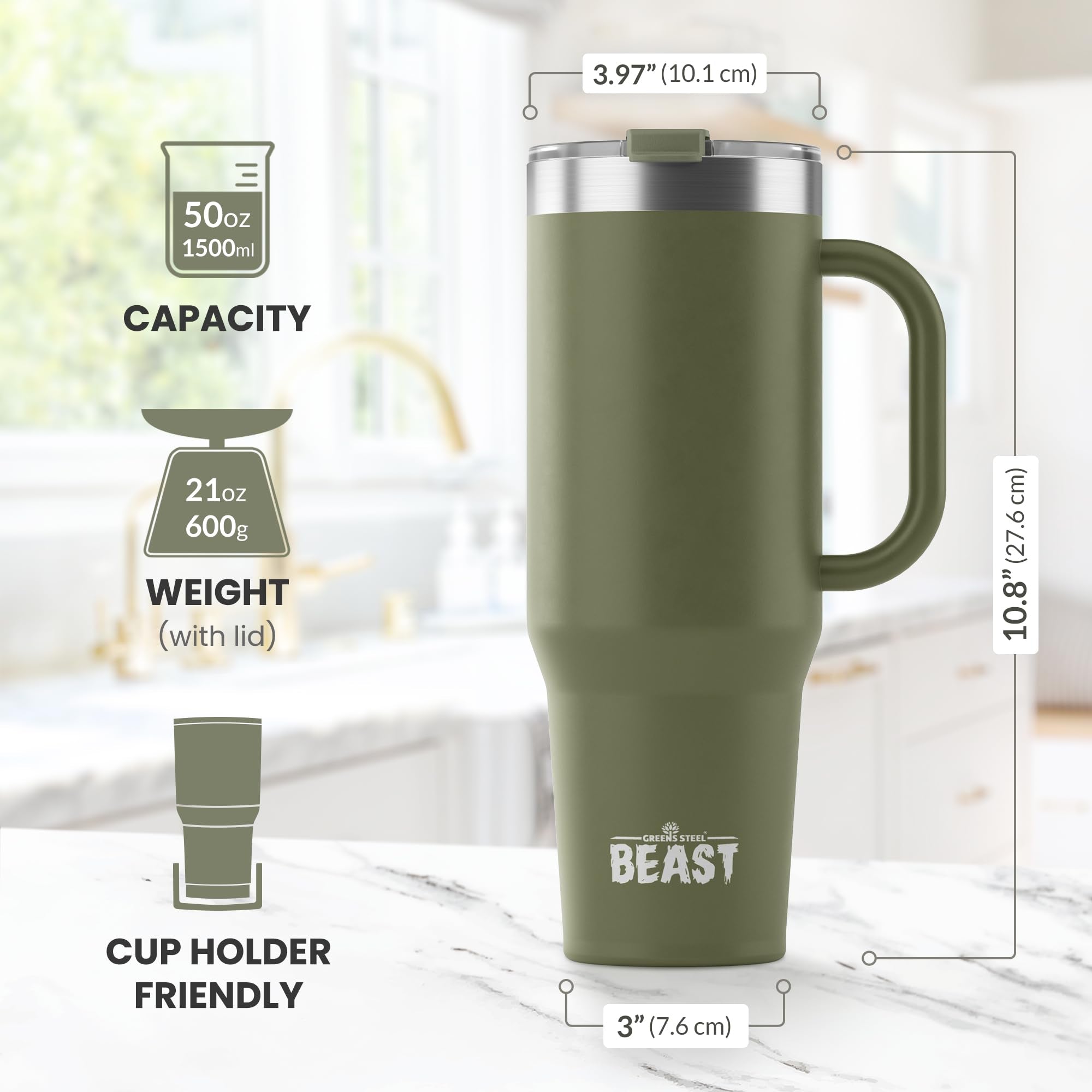 Greens Steel Beast 50 oz tumbler lid demonstrating leak-proof design