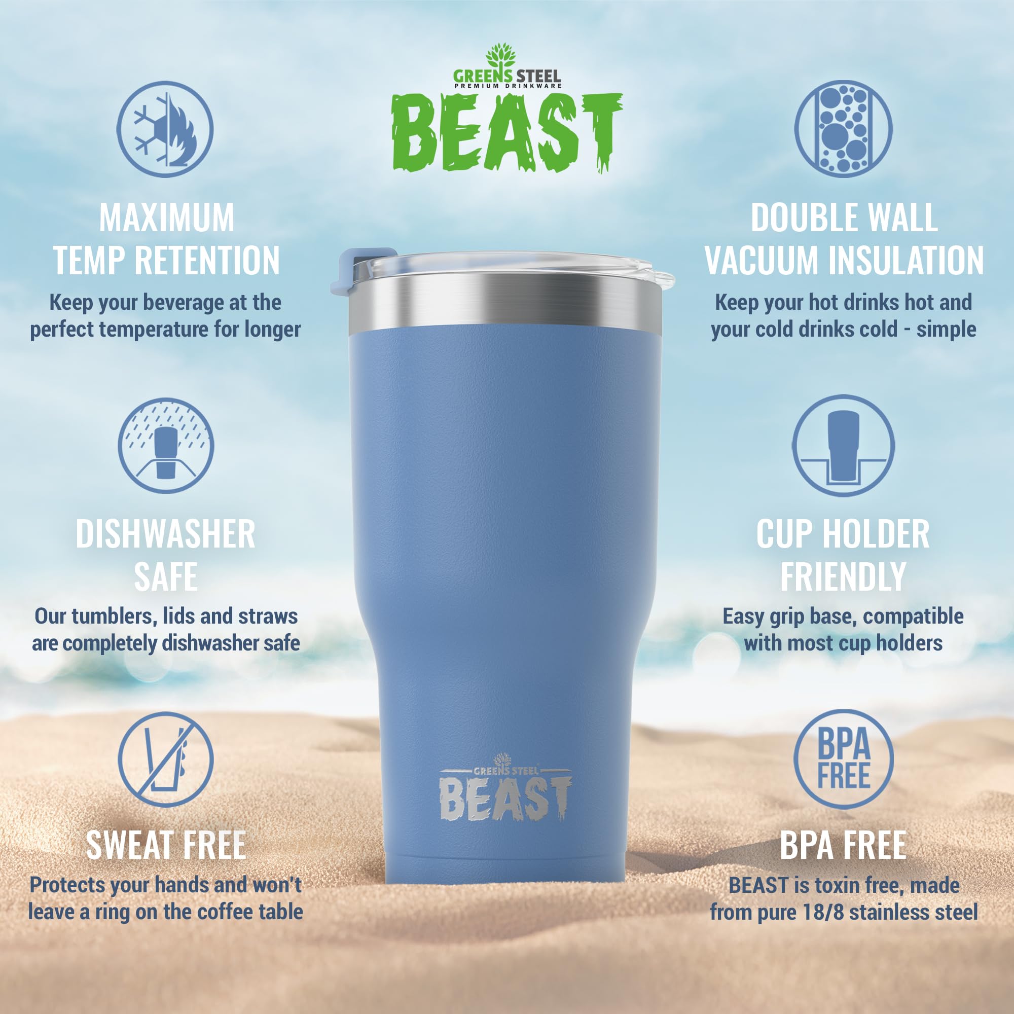 Greens Steel Beast splash-proof lid reduces spills during travel.