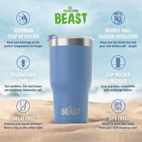 Greens Steel Beast splash-proof lid reduces spills during travel.