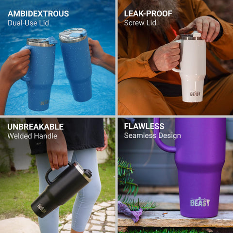 Greens Steel Beast tumbler with welded handle for easy carrying on adventures