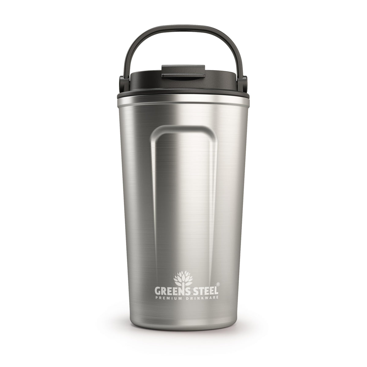 Greens Steel reusable coffee cup with lid and handle closeup showing durable stainless steel.