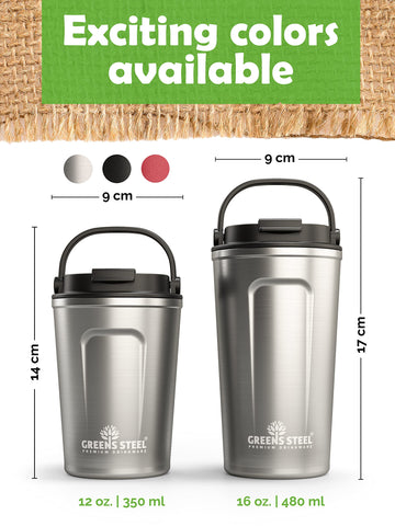 Greens Steel double-wall vacuum keeps drinks hot or cold without warming hands.