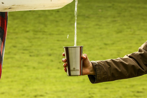 Greens Steel cups suited for hot or cold drinks with sleeves optional