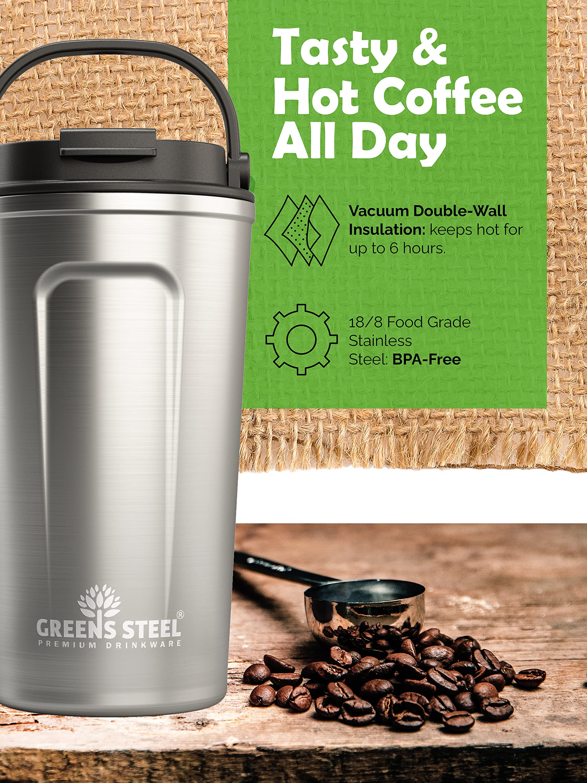 Greens Steel insulated cup keeps beverages hot for hours, ideal for busy mornings.