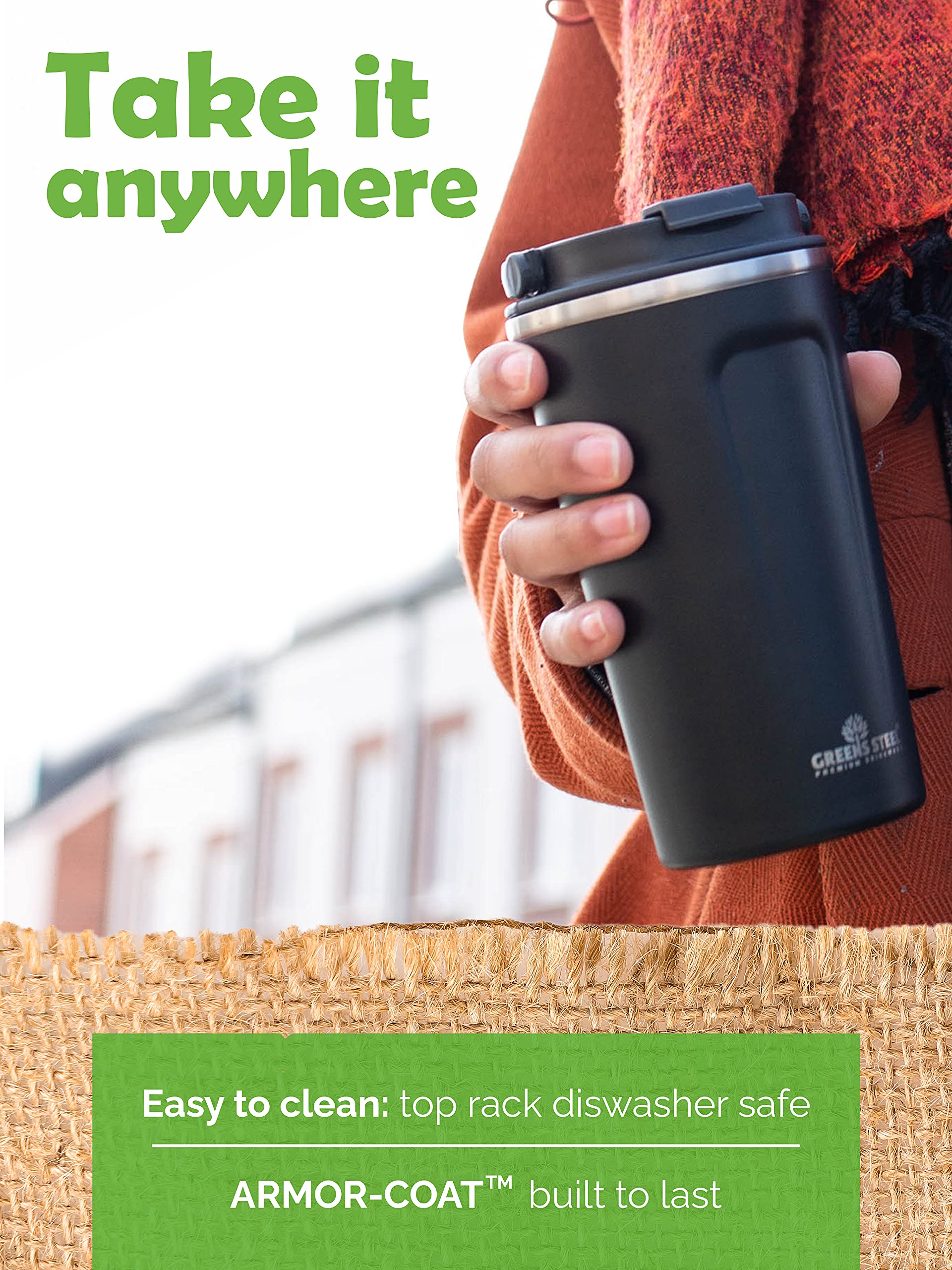Greens Steel cup with pop-out lid handle in action for on-the-go use.