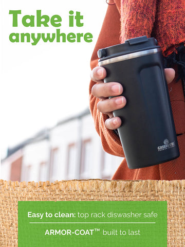 Greens Steel cup with pop-out lid handle in action for on-the-go use.