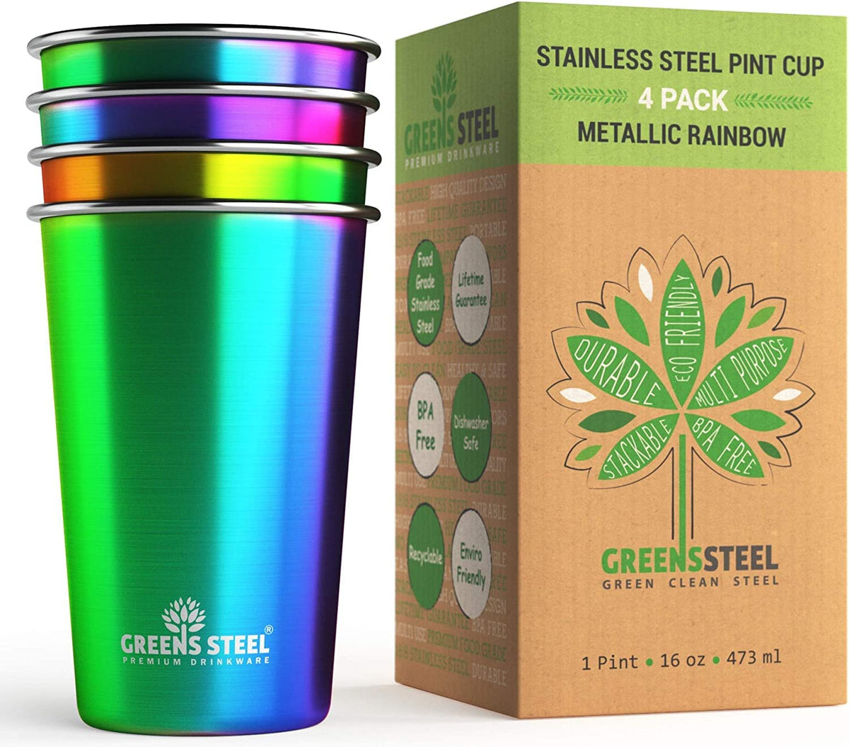 Greens Steel rainbow 16 oz pint tumbler with colorful exterior for everyday use