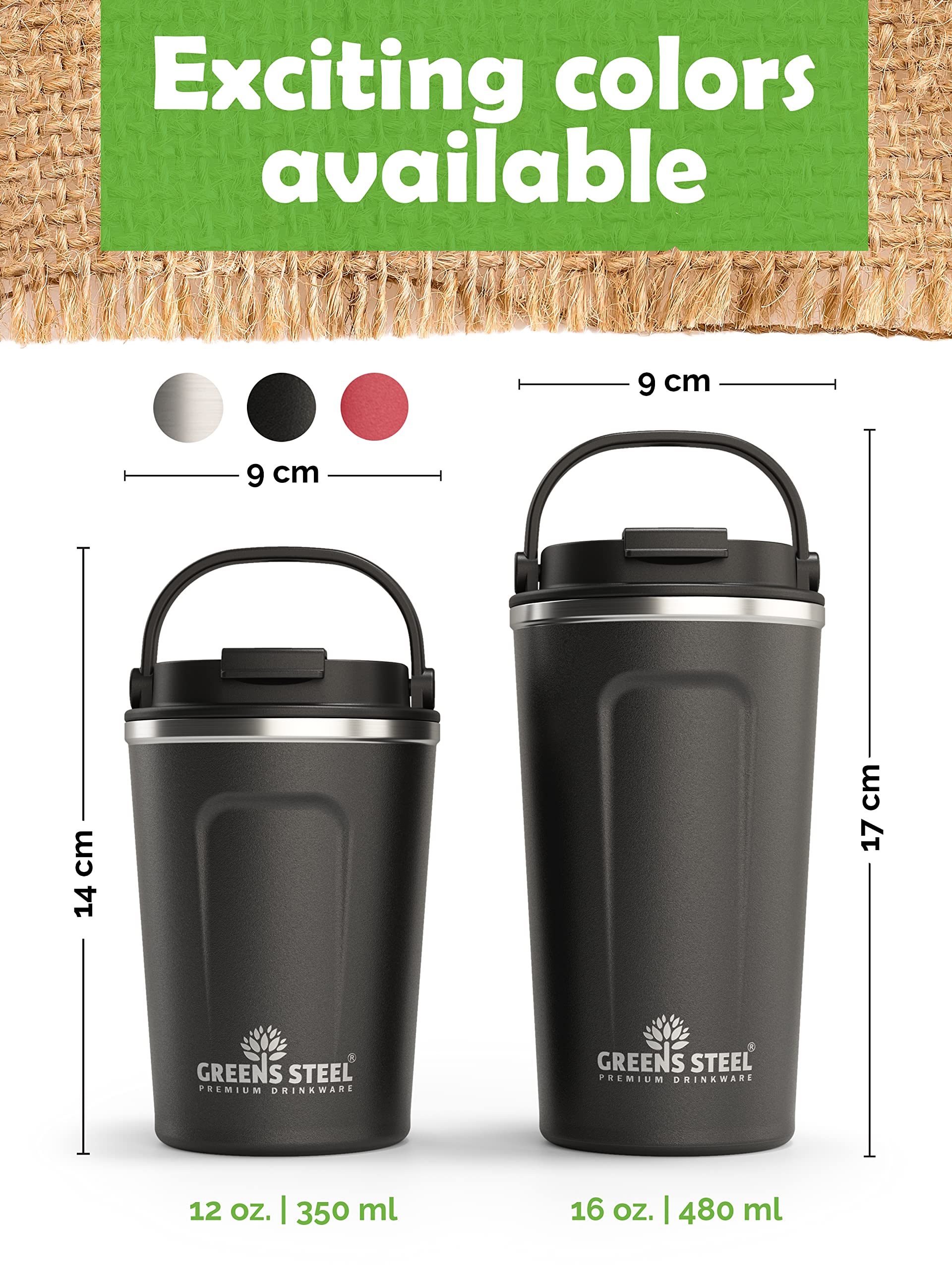 Greens Steel travel-friendly mug fits bags and car cup holders