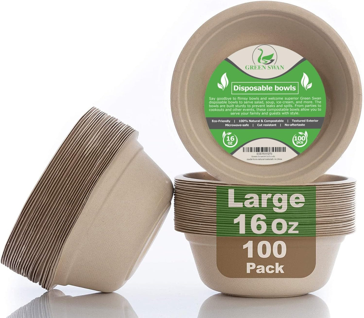 Green Swan 16oz bowls in a 100-pack, convenient for daily use.