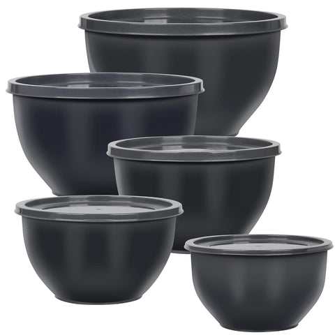 Greentainer 5-piece mixing bowls grey stacked for compact storage and quick prep.