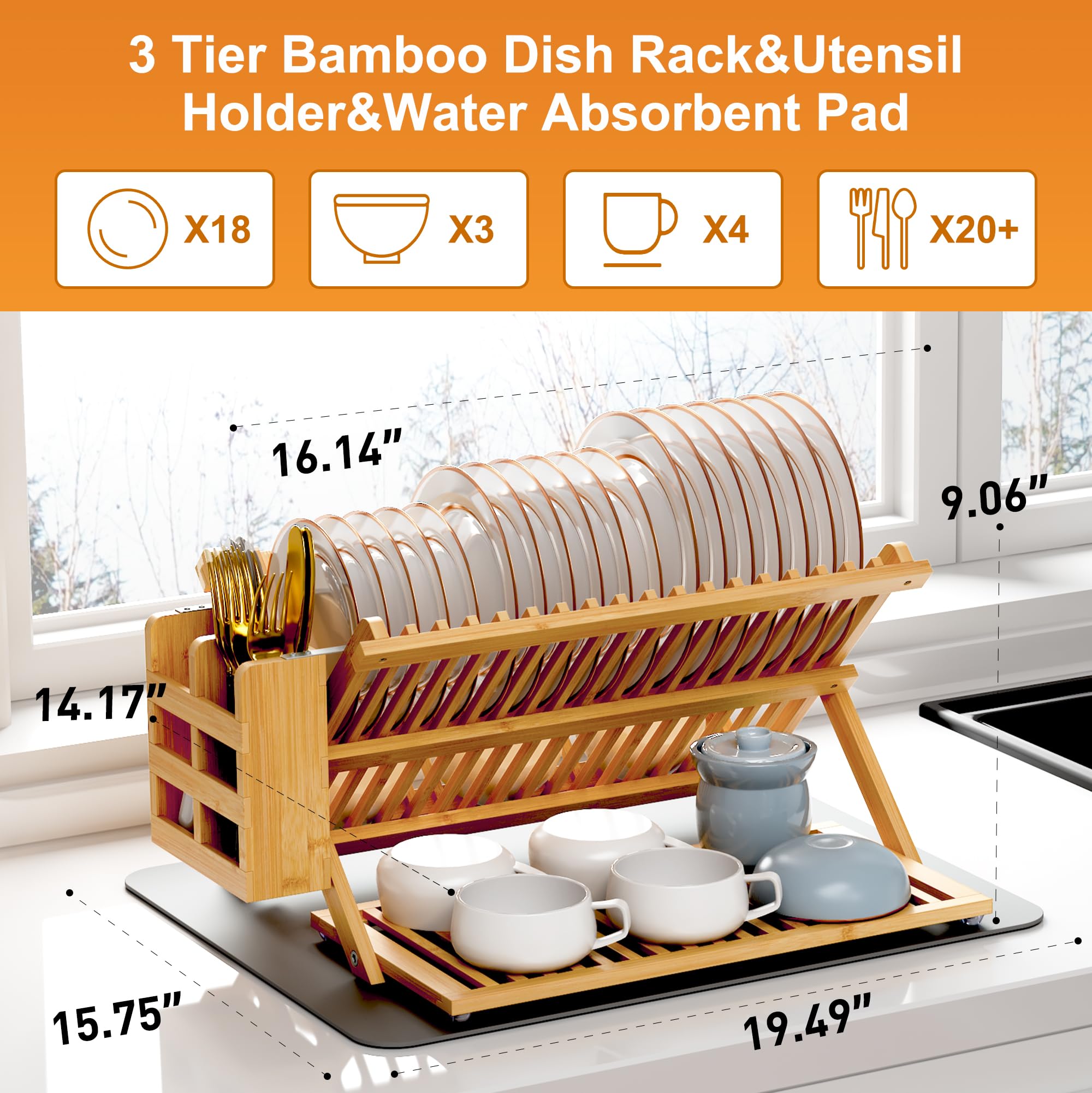 Greenual 3-tier collapsible dish rack saves counter space and folds flat.