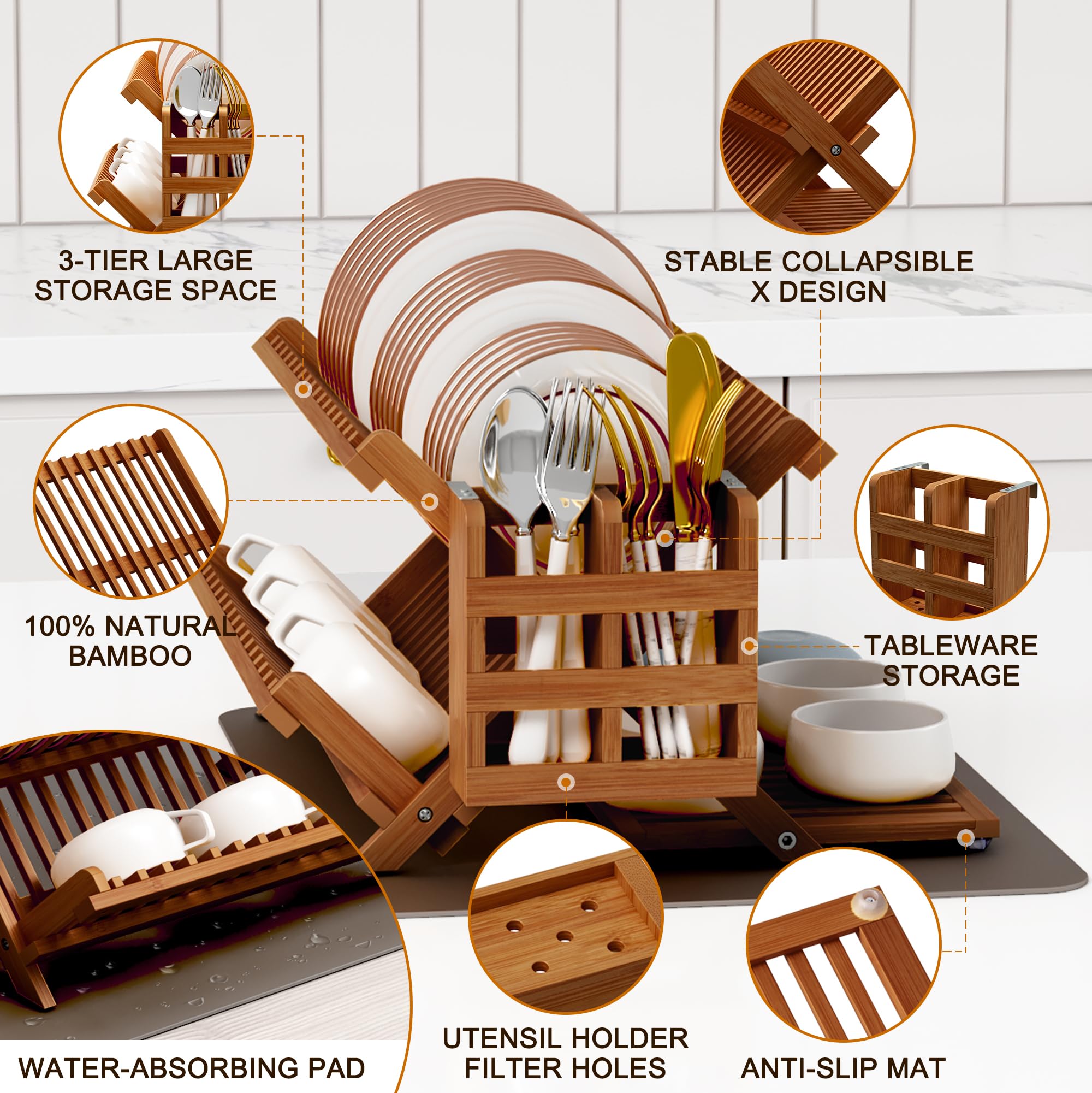 Greenual bamboo dish drying rack in use with dinner plates and cups