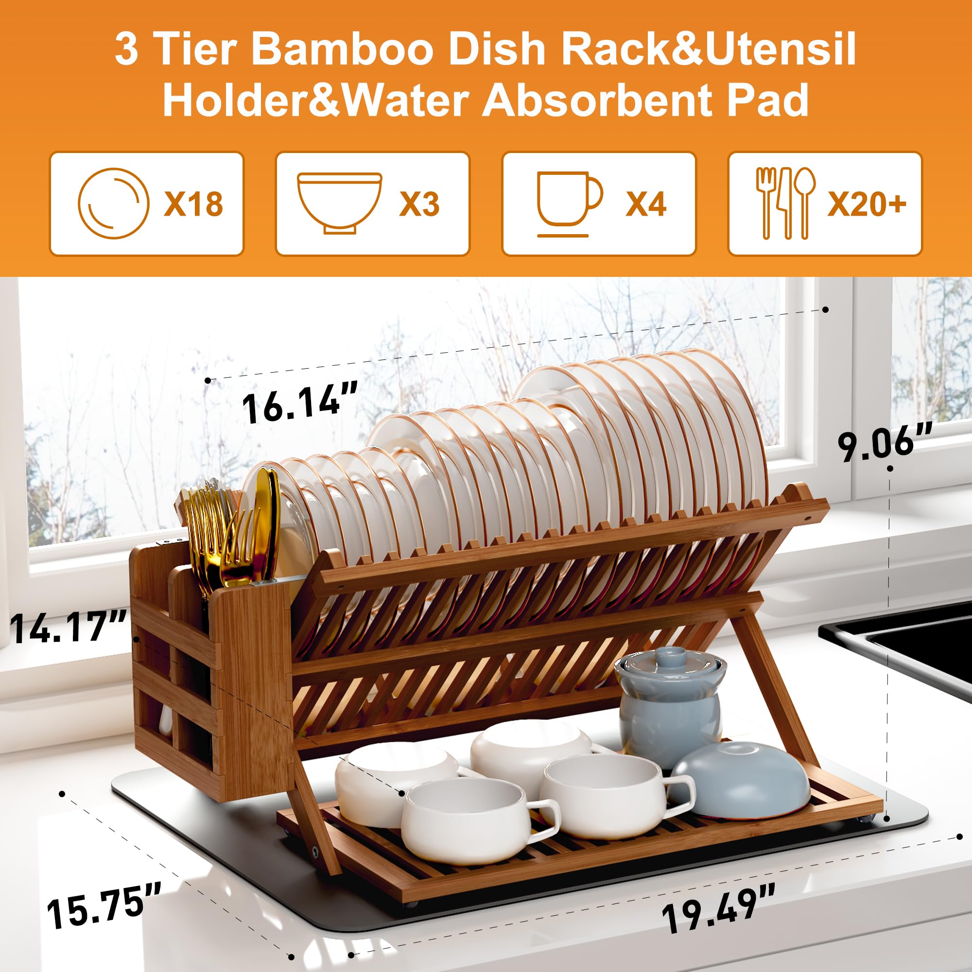 Greenual bamboo dish drying rack folded for compact storage on a crowded counter