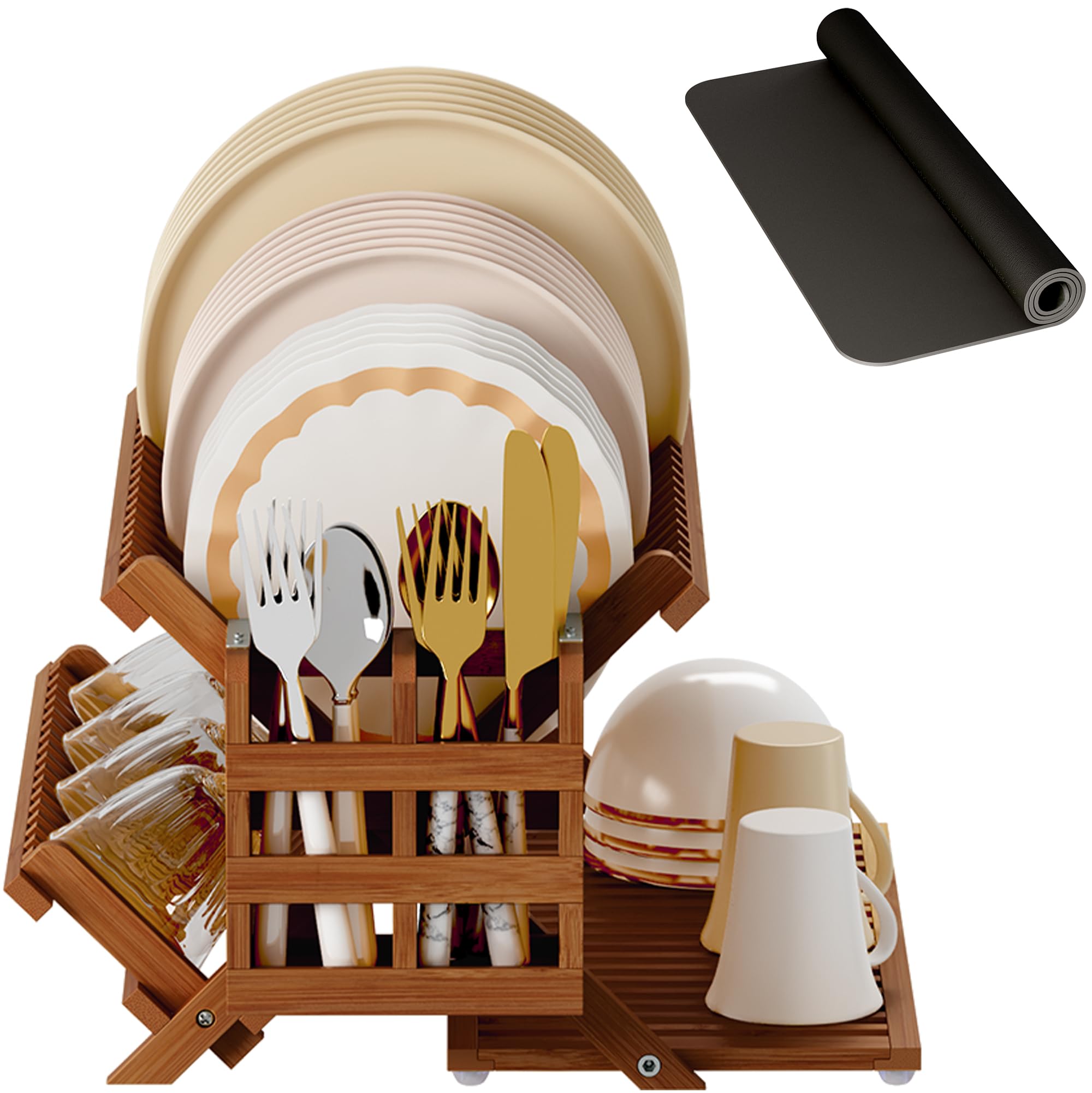 Greenual bamboo dish drying rack side view, sturdy three-tier design for organization