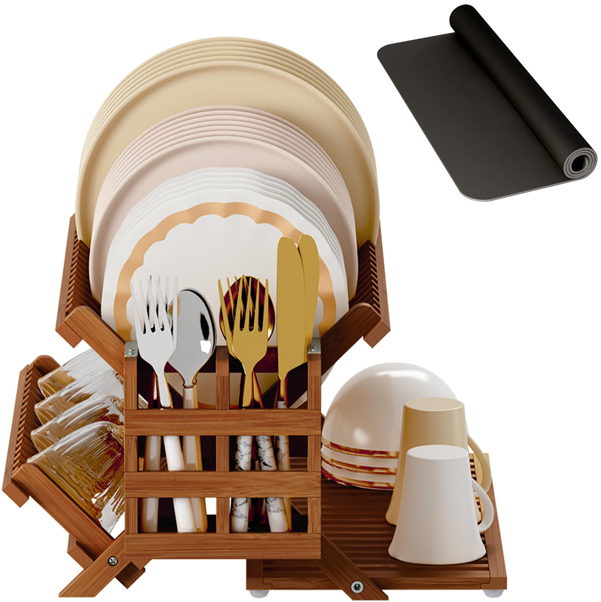 Greenual bamboo dish drying rack side view, sturdy three-tier design for organization