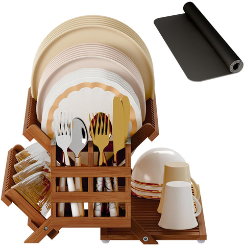 Greenual bamboo dish drying rack side view, sturdy three-tier design for organization