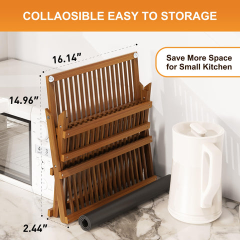 Greenual bamboo dish drying rack three-tier setup fits plates, cups, and lids