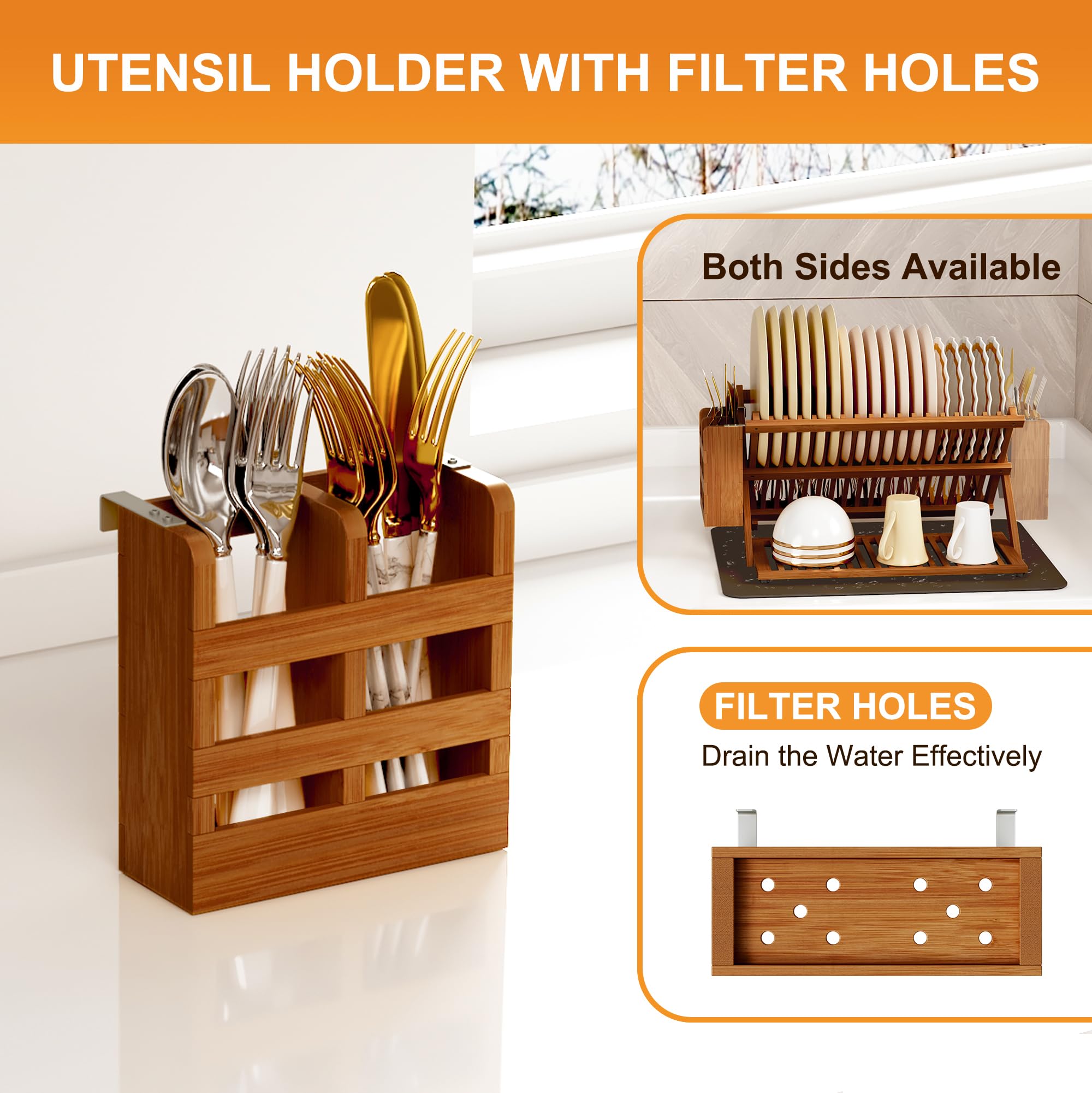 Greenual bamboo dish drying rack with utensil holder keeps flatware neatly organized