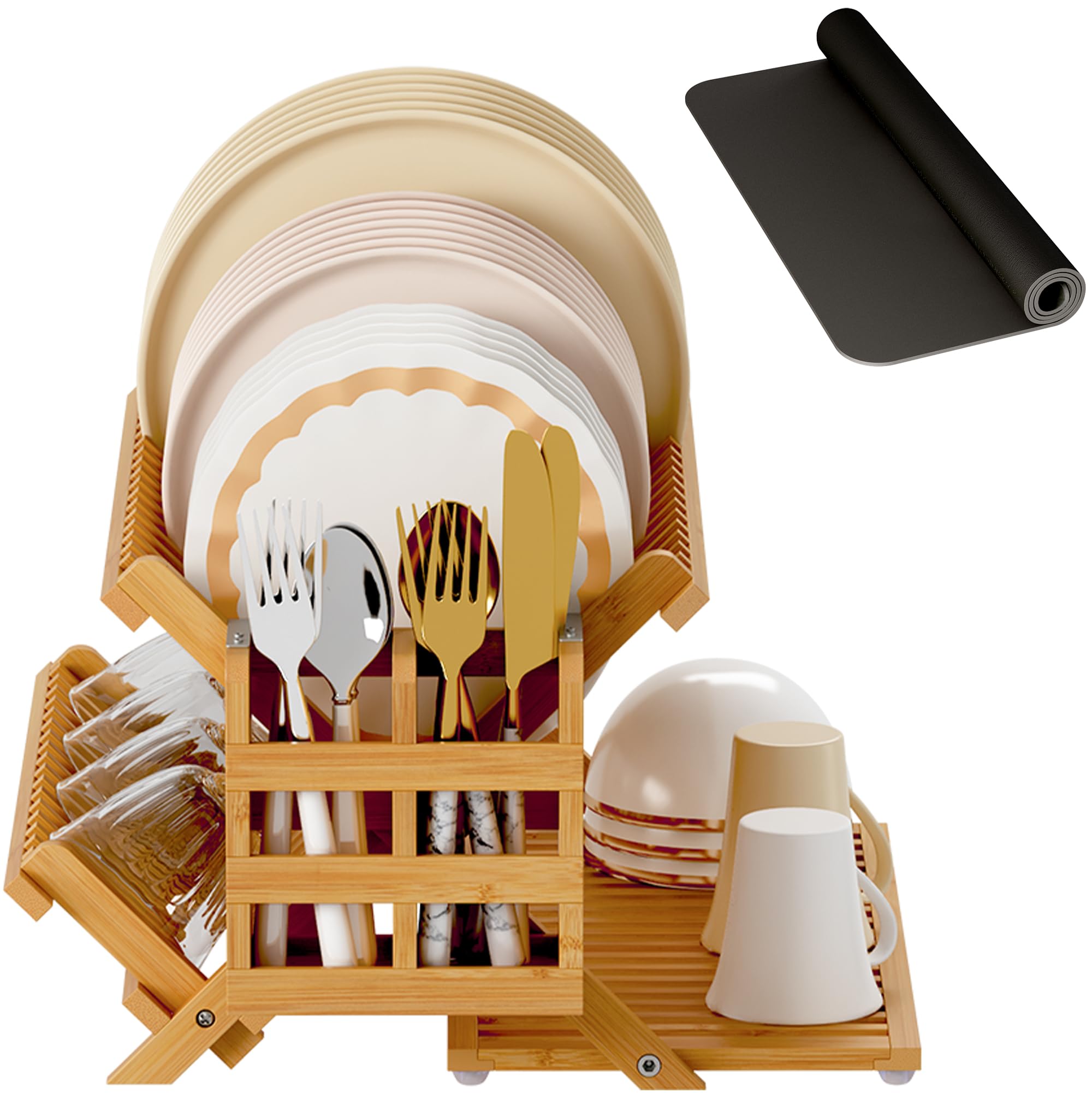 Greenual bamboo dish drying rack with utensil holder on counter, durable and eco-friendly.