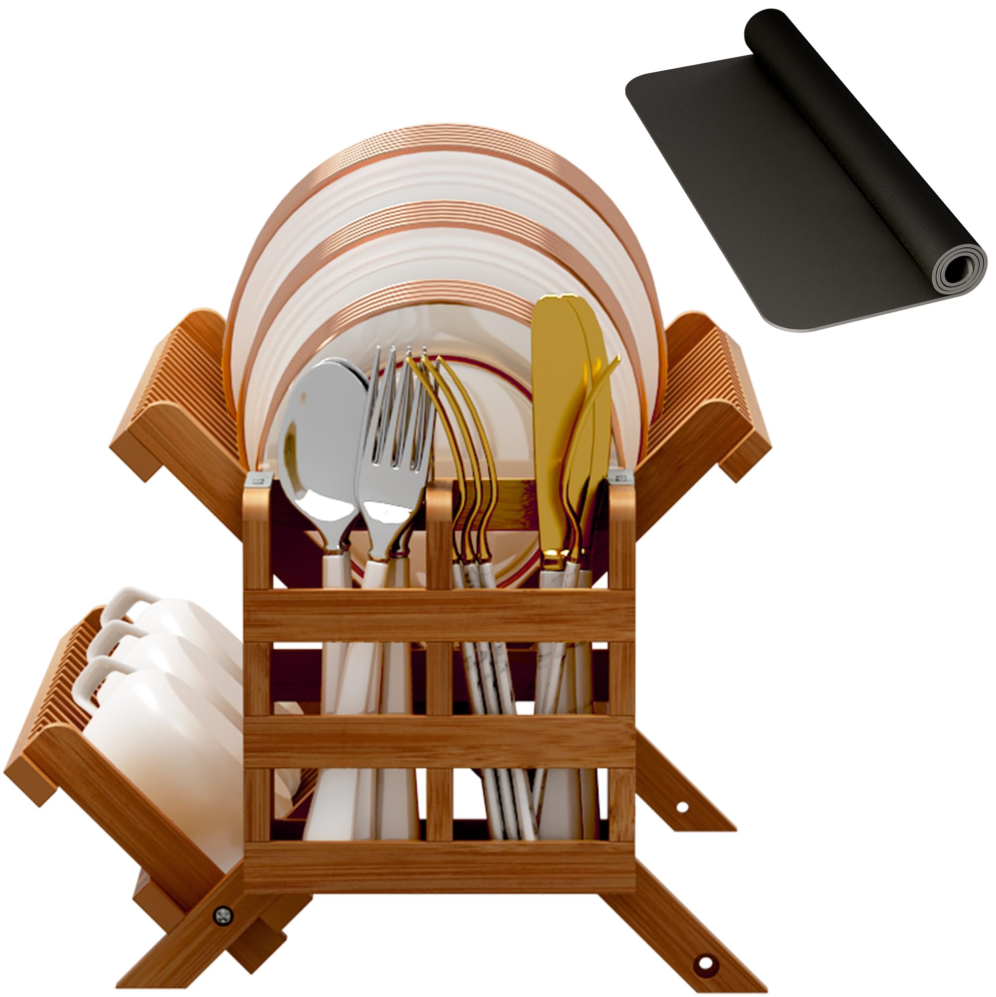 Greenual bamboo dish rack with drainage holes at bottom.