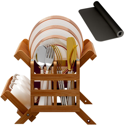 Greenual bamboo dish rack with drainage holes at bottom.