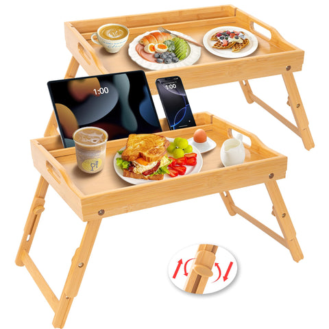 Greenual bed tray table with folding legs and media slot for comfortable tablet viewing.