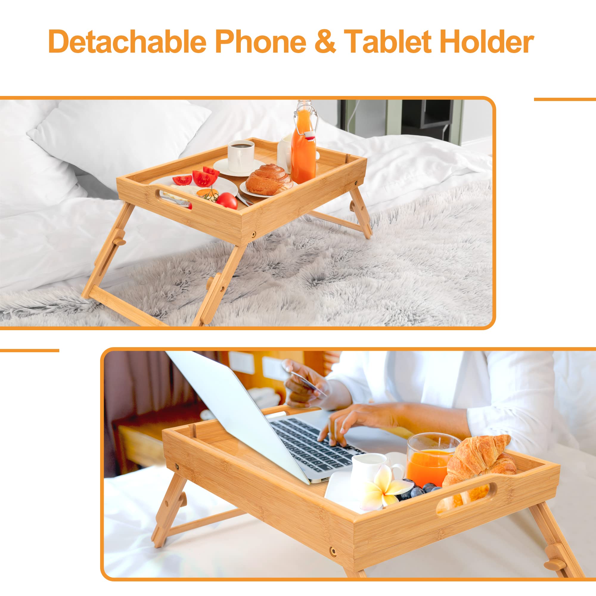 Greenual bamboo bed tray shown unfolded with ample surface for meals and laptop use.