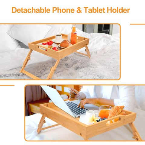 Greenual bamboo bed tray shown unfolded with ample surface for meals and laptop use.