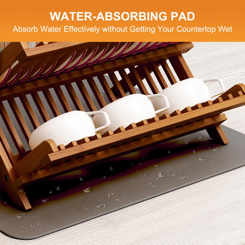 Greenual Bamboo dish rack on kitchen counter showing large capacity.
