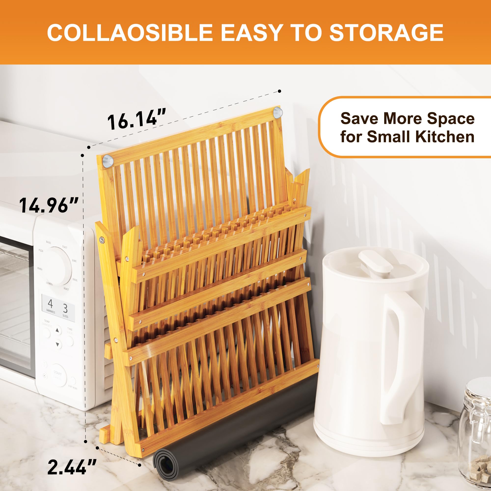 Greenual folding dish rack with absorbent mat for quick air drying.