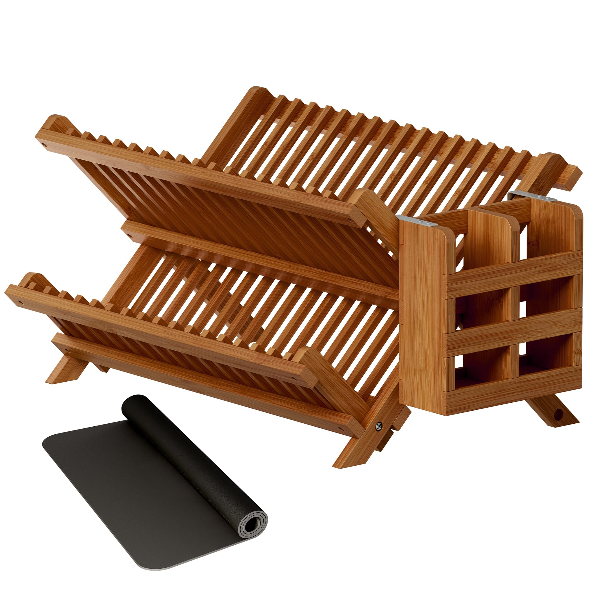 Greenual Teak dish drying rack—2-tier assembly on the counter for organized drying.